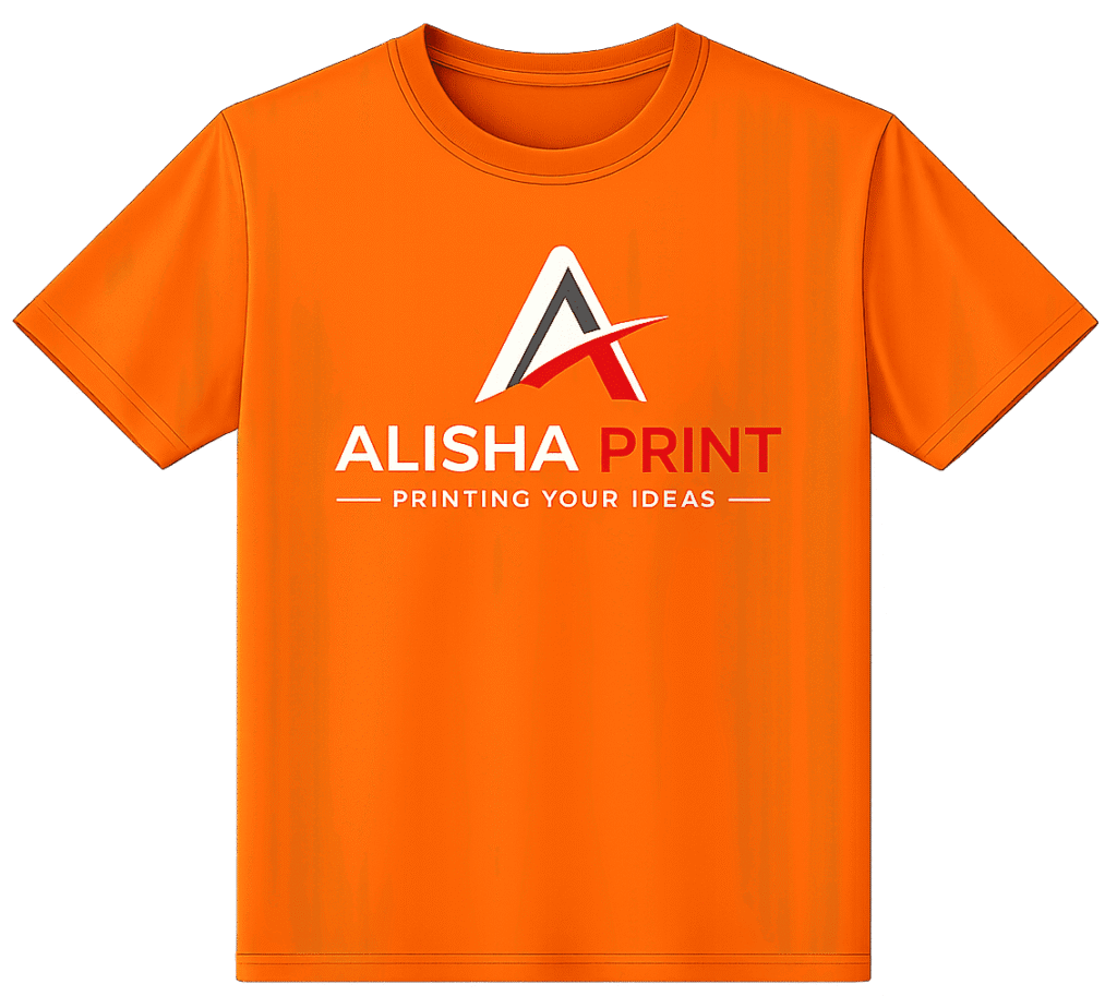 T-Shirts Printing in Gurugram orange custom T-shirt mockup with Alisha Print logo on transparent PNG background
