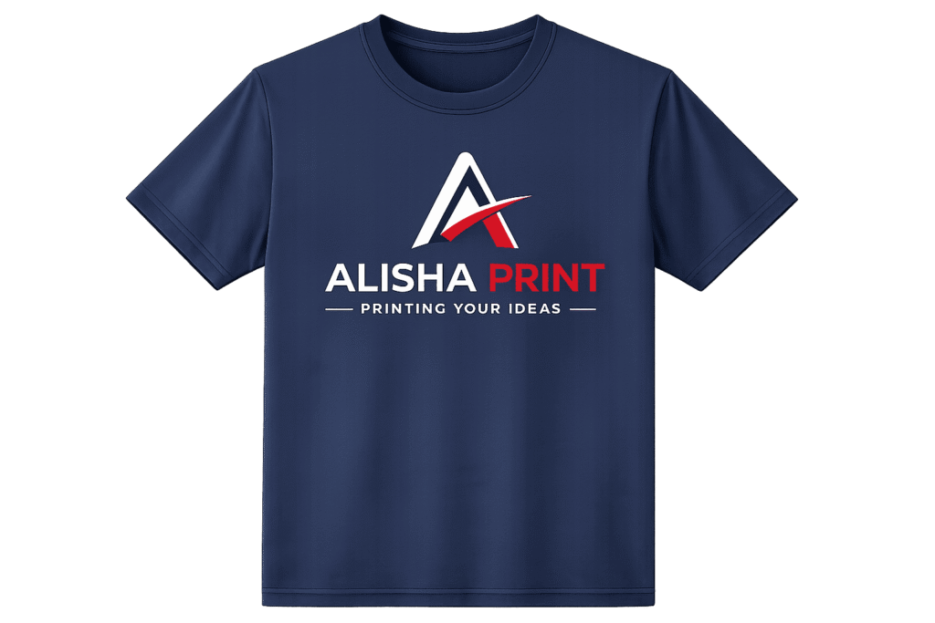 Alisha Print custom navy blue T-shirt mockup with company logo for T-Shirts Printing in Noida